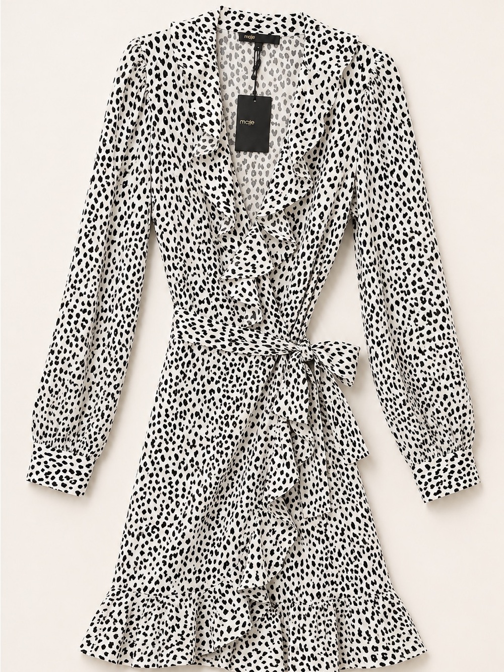 Maje wrap dress black and white print  with ruffles  NWT